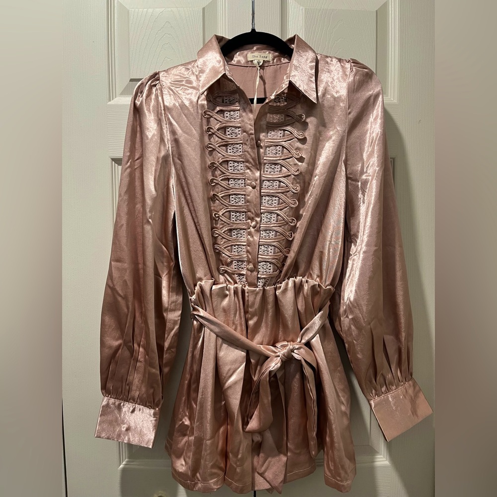 Tinas Fashion Rose Gold Satin Long Sleeve Romper NWT
